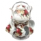 Набор чайный 13 предметов (чашка 220мл с блюдцем-6 штук; чайник заварочный 1100мл) металлической подставке "Цветы" 2сорт
